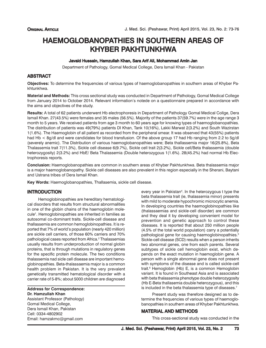 Haemoglobanopathies in Southern Areas of Khyber Pakhtunkhwa