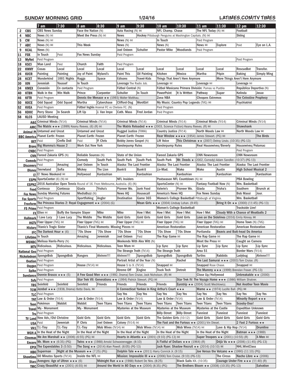 Sunday Morning Grid 1/24/16 Latimes.Com/Tv Times