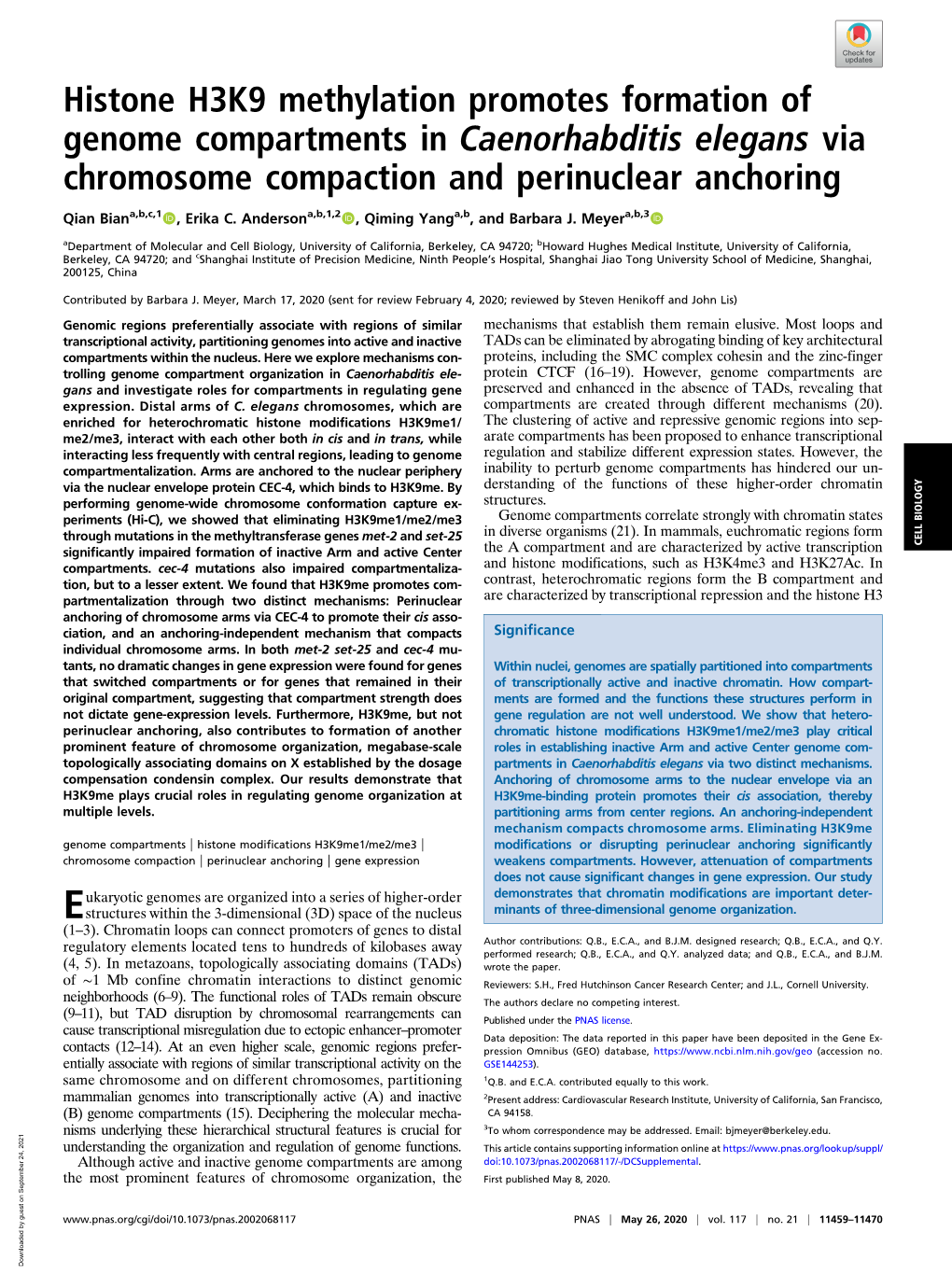 Histone H3K9 Methylation Promotes Formation of Genome Compartments in Caenorhabditis Elegans Via Chromosome Compaction and Perinuclear Anchoring