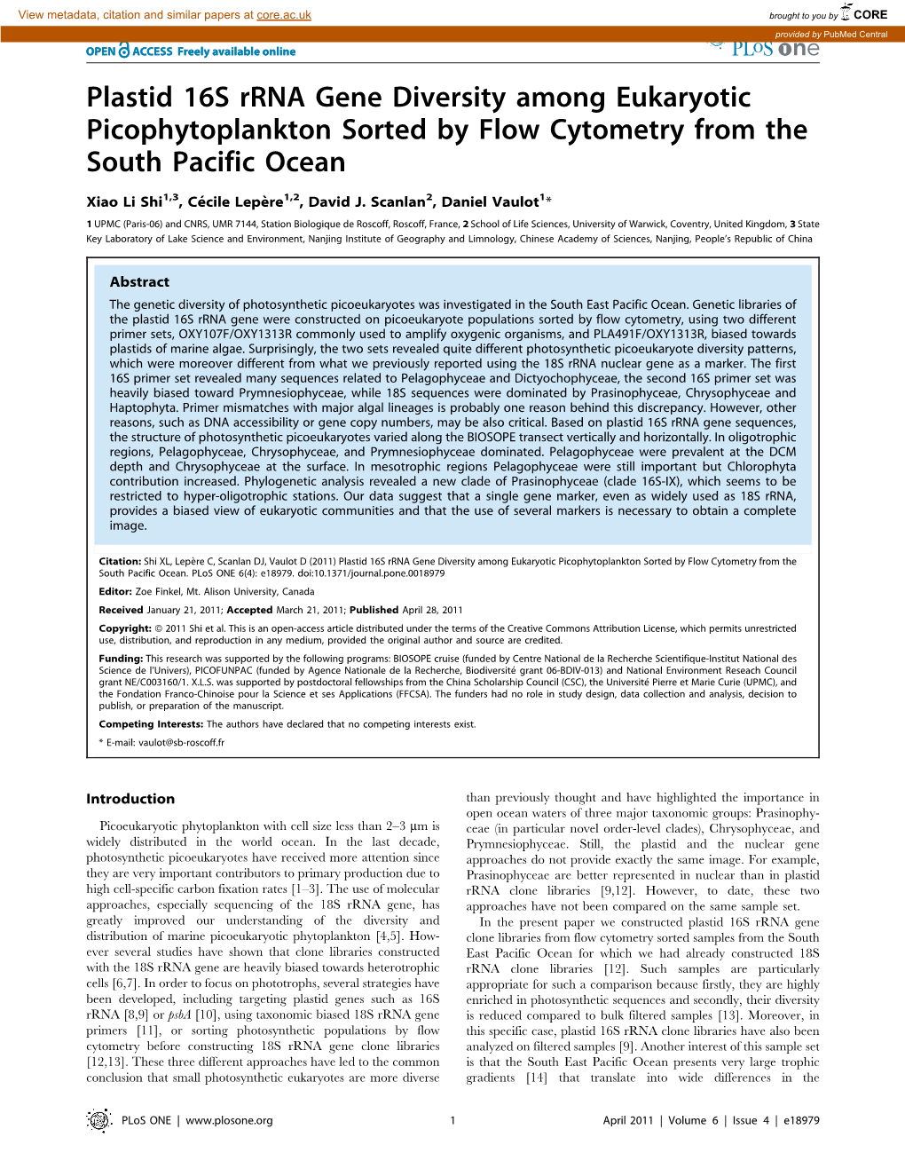 Plastid 16S Rrna Gene Diversity Among Eukaryotic Picophytoplankton Sorted by Flow Cytometry from the South Pacific Ocean