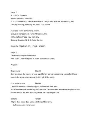 S. HUROK Presents Marian Anderson, Contralto KOSTI VEHANEN at the PIANO Ararat Temple 11Th & Grand Kansas City
