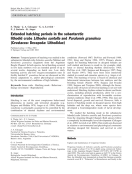 Extended Hatching Periods in the Subantarctic Lithodid Crabs Lithodes Santolla and Paralomis Granulosa (Crustacea: Decapoda: Lithodidae)