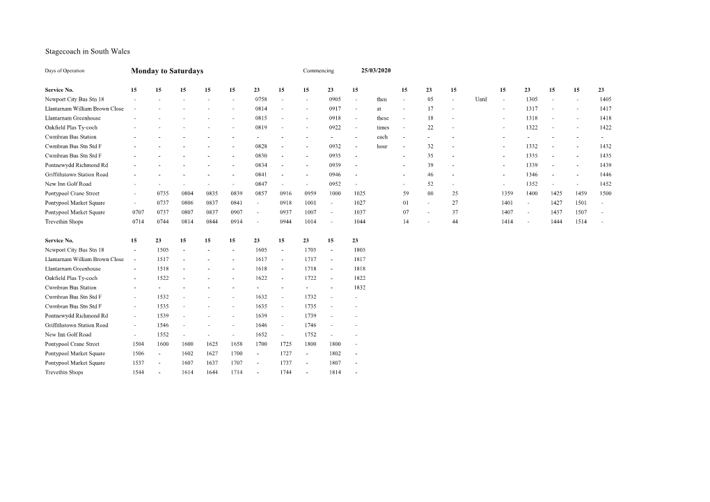 Stagecoach in South Wales Monday to Saturdays