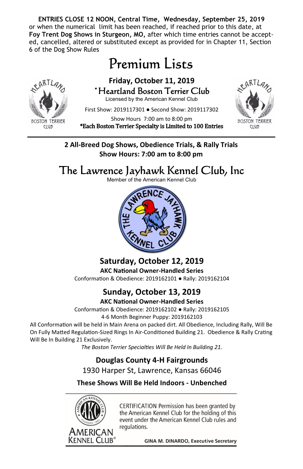 Premium Lists Friday, October 11, 2019 *Heartland Boston Terrier Club Licensed by the American Kennel Club