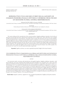 Reproductive Cycle and Size at First Sexual Maturity of Common Pandora Pagellus Erythrinus (Sparidae) from the Bay of Monastir (Tunisia, Central Mediterranean)