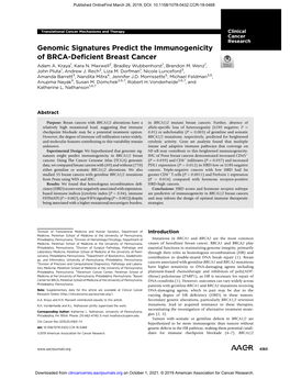 Genomic Signatures Predict the Immunogenicity of BRCA-Deficient Breast Cancer