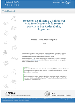 Selección De Alimento Y Hábitat Por Vicuñas Silvestres De La Reserva Provincial Los Andes (Salta, Argentina)