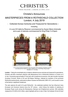 Christie's Announces MASTERPIECES from a ROTHSCHILD COLLECTION London, 4 July 2019