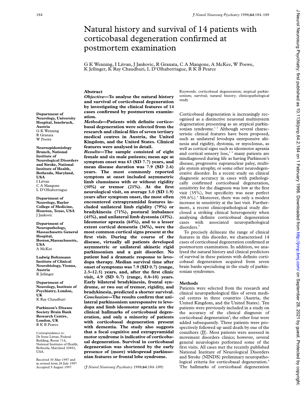 Natural History and Survival of 14 Patients with Corticobasal Degeneration Conﬁrmed at Postmortem Examination