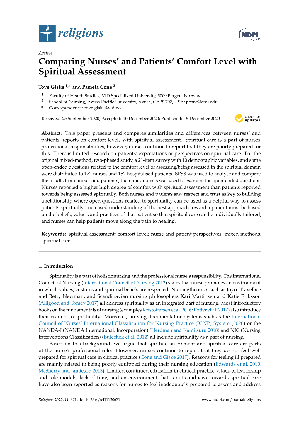 Comparing Nurses' and Patients' Comfort Level with Spiritual Assessment