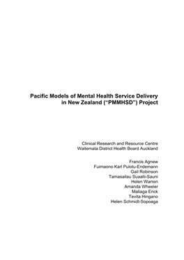 Pacific Models of Mental Health Service Delivery in New Zealand (“PMMHSD”) Project