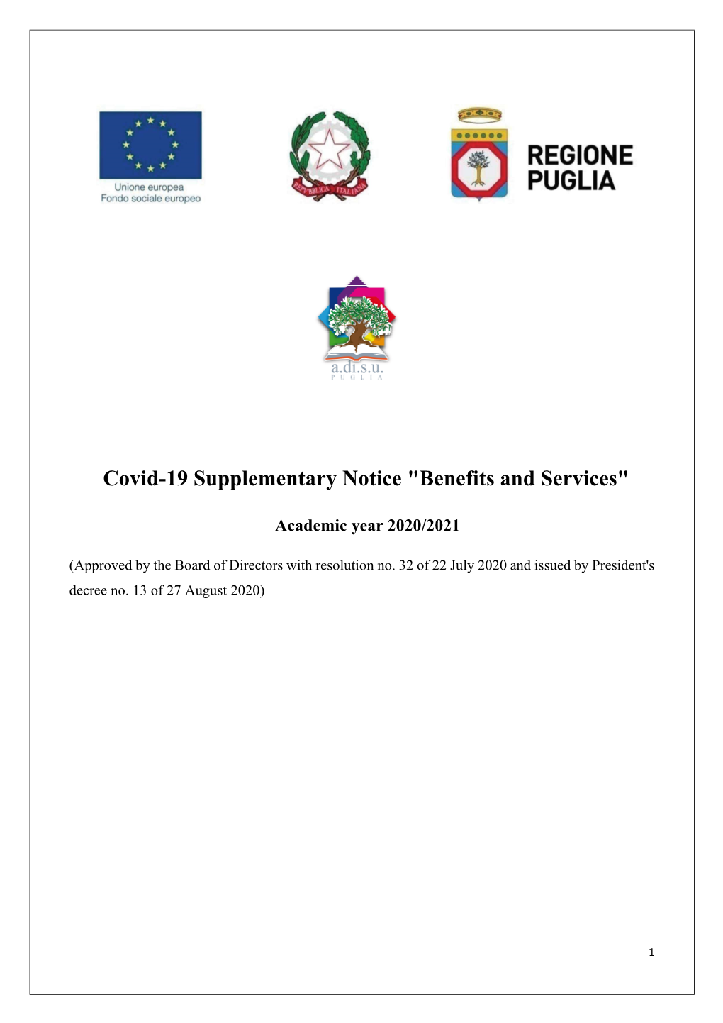 Covid-19 Supplementary Notice "Benefits and Services"