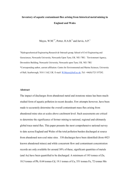 Inventory of Aquatic Contaminant Flux Arising from Historical Metal Mining In