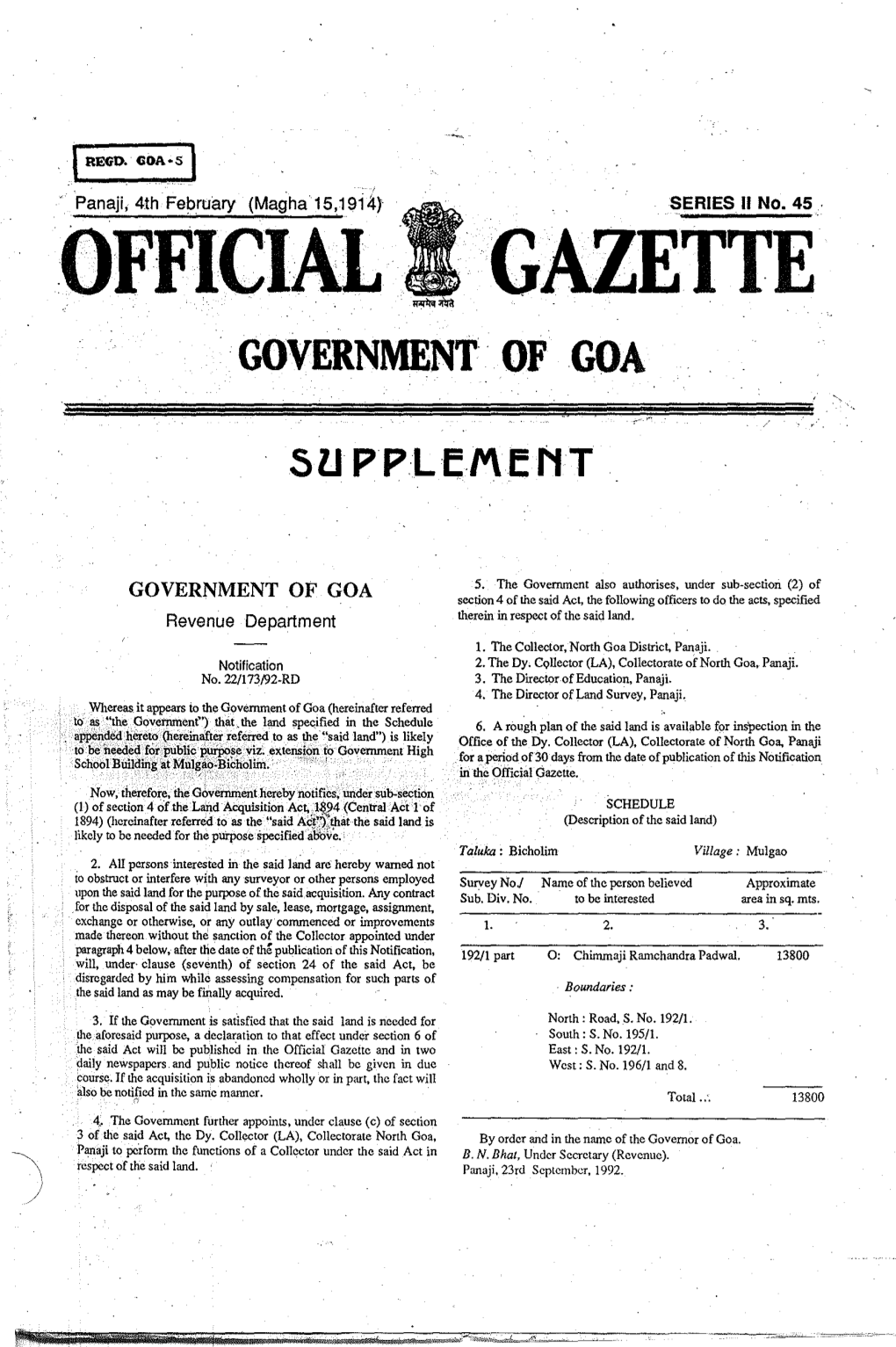 Official Gazette Government' of Goa