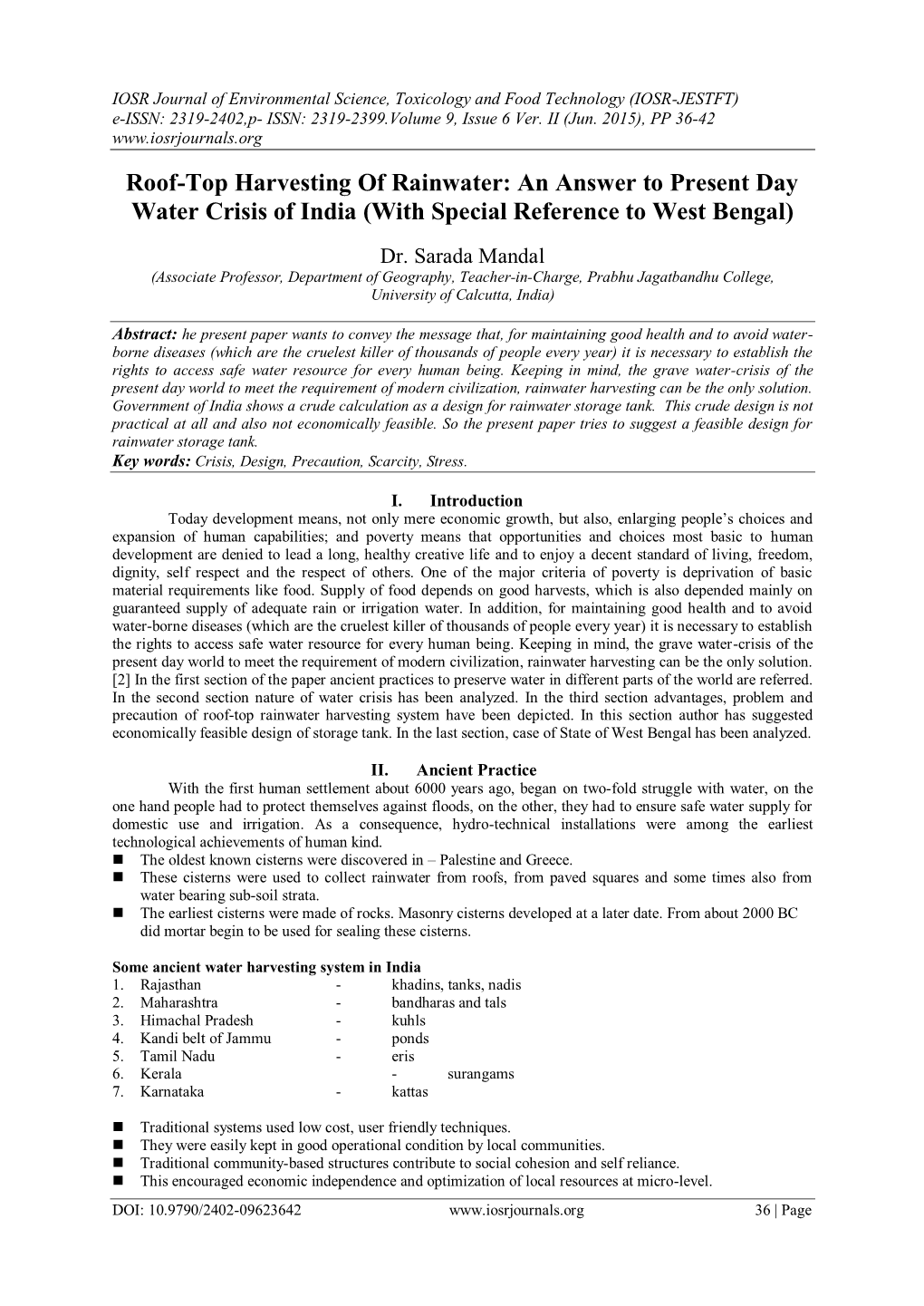 Roof-Top Harvesting of Rainwater: an Answer to Present Day Water Crisis of India (With Special Reference to West Bengal)