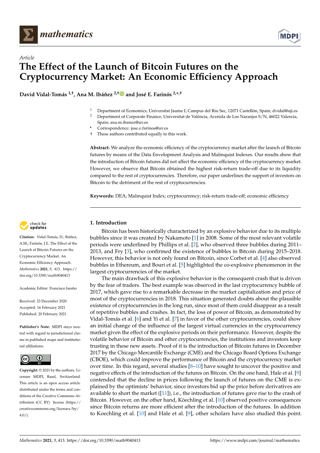 The Effect of the Launch of Bitcoin Futures on the Cryptocurrency Market: an Economic Efﬁciency Approach