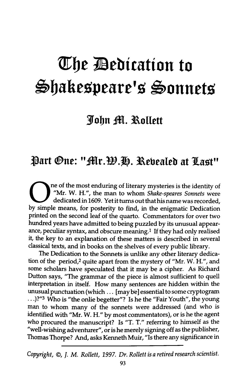 The Dedication to Shakespeare's Sonnets