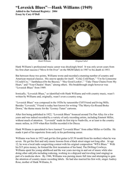 “Lovesick Blues”—Hank Williams (1949) Added to the National Registry: 2004 Essay by Cary O’Dell