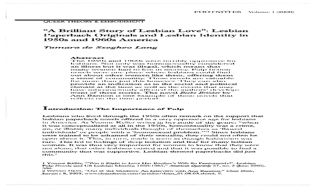 “A Brilliant Story of Lesbian Love”: Lesbian Paperback Originals and Lesbian Identity in 1950Sand 1960Samerica