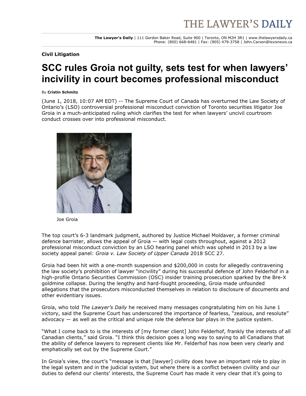 SCC Rules Groia Not Guilty, Sets Test for When Lawyers' Incivility in Court