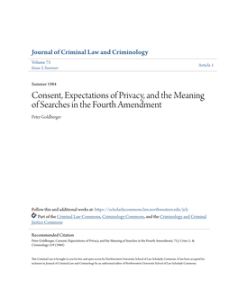 Consent, Expectations of Privacy, and the Meaning of Searches in the Fourth Amendment Peter Goldberger