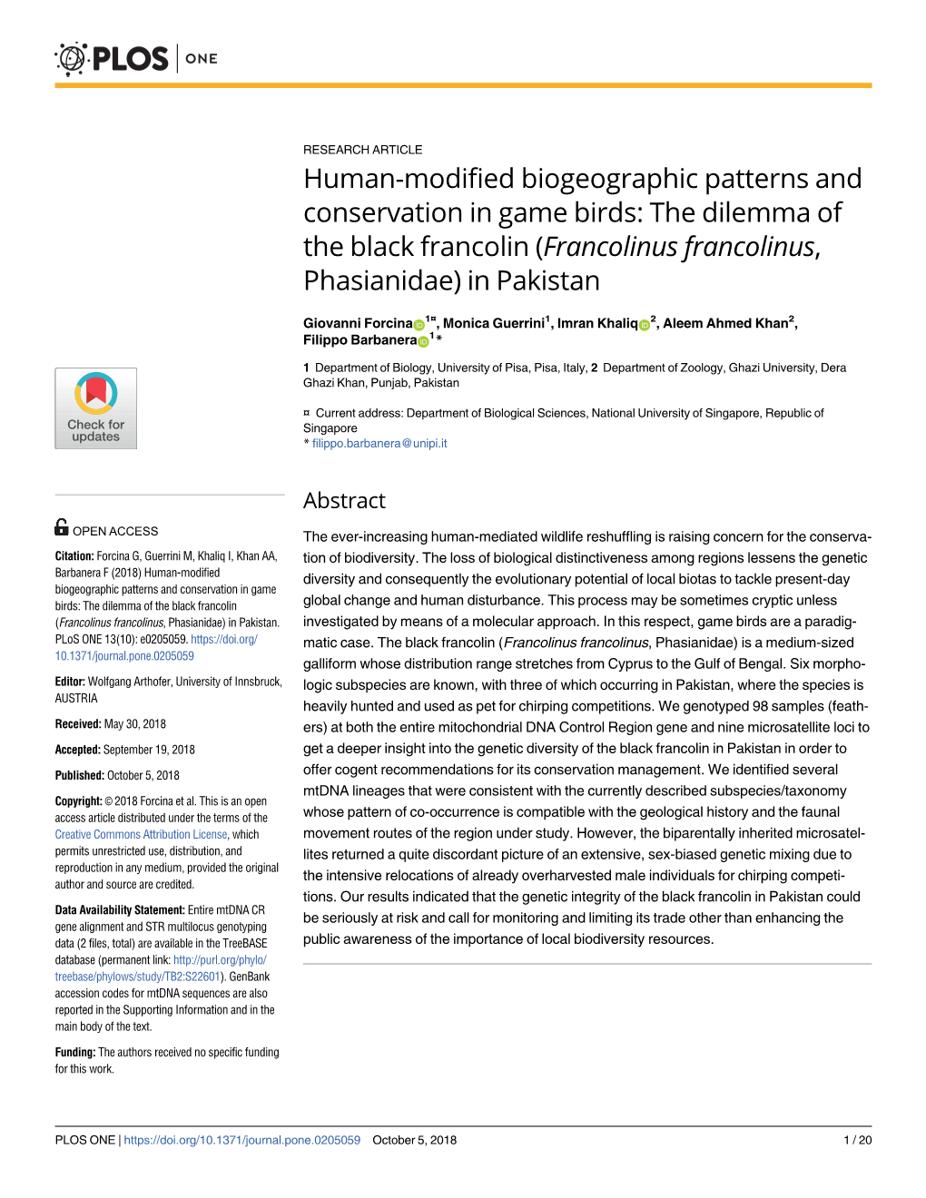 The Dilemma of the Black Francolin (Francolinus Francolinus, Phasianidae) in Pakistan