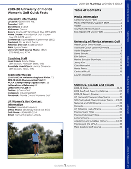 Table of Contents 2019-20 University of Florida Women's Golf Quick Facts