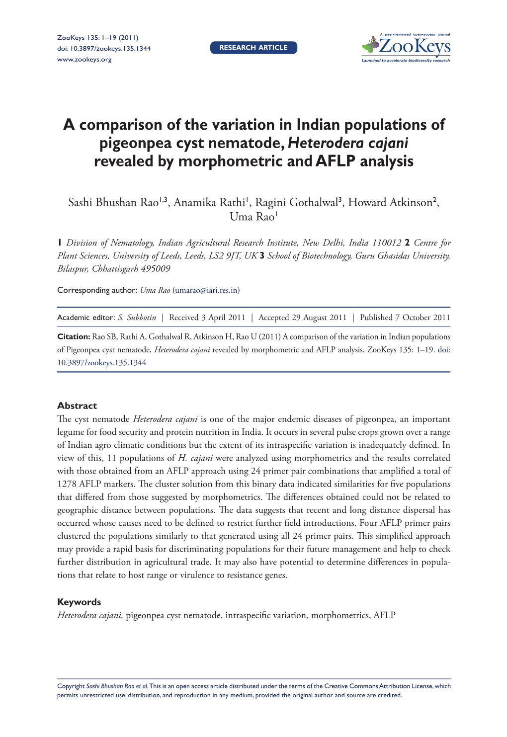 A Comparison of the Variation in Indian Populations of Pigeonpea Cyst Nematode, Heterodera Cajani Revealed by Morphometric and AFLP Analysis