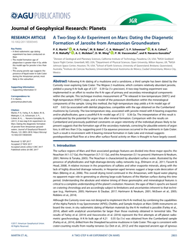 A Two-Step K-Ar Experiment on Mars: Dating the Diagenetic 10.1002/2017JE005445 Formation of Jarosite from Amazonian Groundwaters Key Points: P