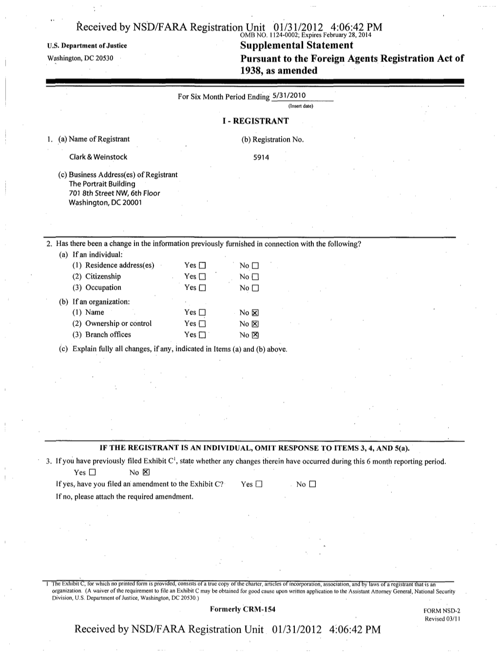 Received by NSD/FARA Registration Unit 01/31/2012 4:06:42 PM OMB NO