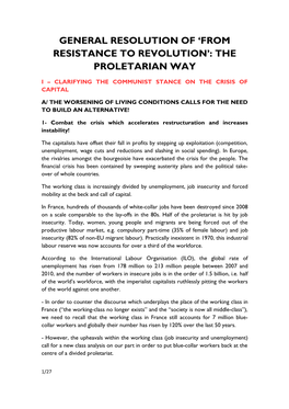 General Resolution of 'From Resistance to Revolution': the Proletarian