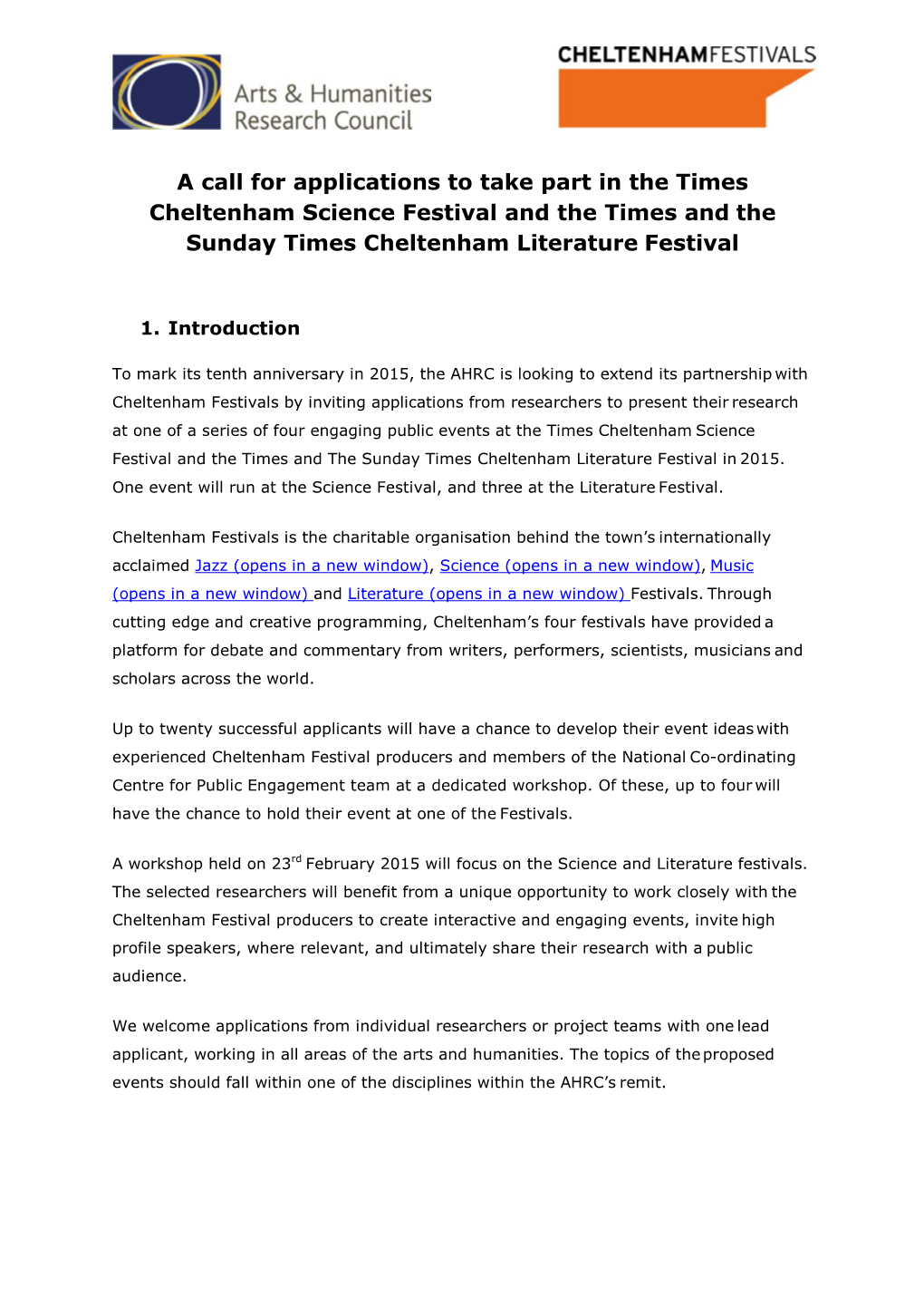 Cheltanham Science and Literature Festivals Call Document