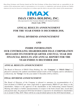 IMAX CHINA HOLDING, INC. (Incorporated in the Cayman Islands with Limited Liability) (Stock Code: 1970)