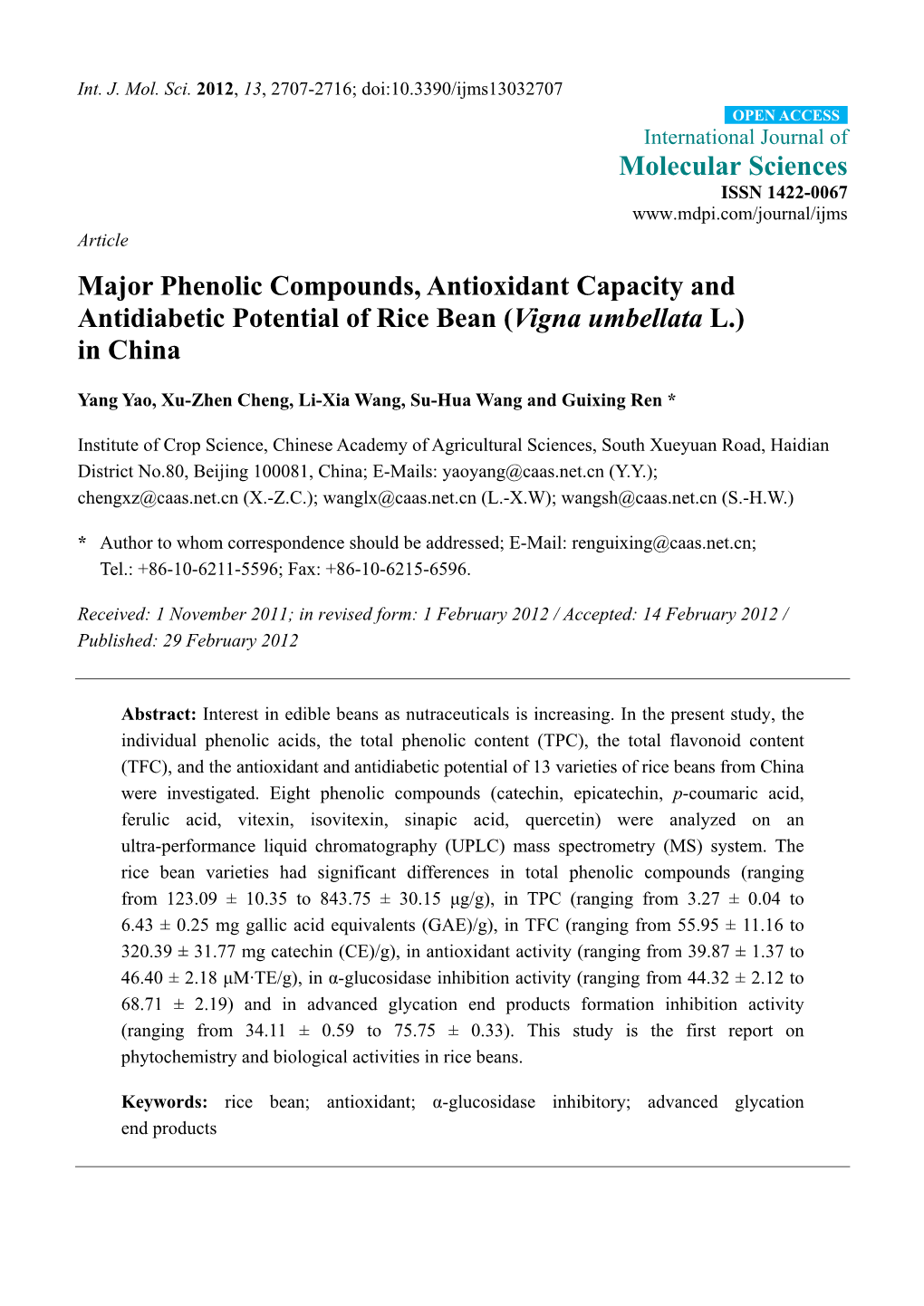 Major Phenolic Compounds, Antioxidant Capacity and Antidiabetic Potential of Rice Bean (Vigna Umbellata L.) in China