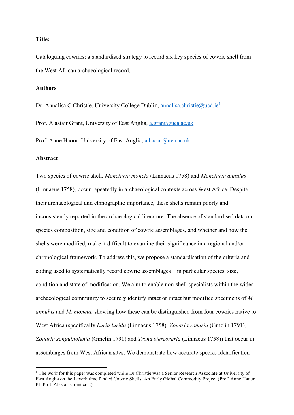 Cataloguing Cowries: a Standardised Strategy to Record Six Key Species of Cowrie Shell from the West African Archaeological Record