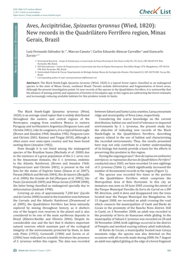 Aves, Accipitridae, Spizaetus Tyrannus (Wied, 1820): New Records in the Quadrilátero Ferrífero Region, Minas