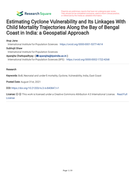 Estimating Cyclone Vulnerability and Its Linkages with Child Mortality Trajectories Along the Bay of Bengal Coast in India: a Geospatial Approach