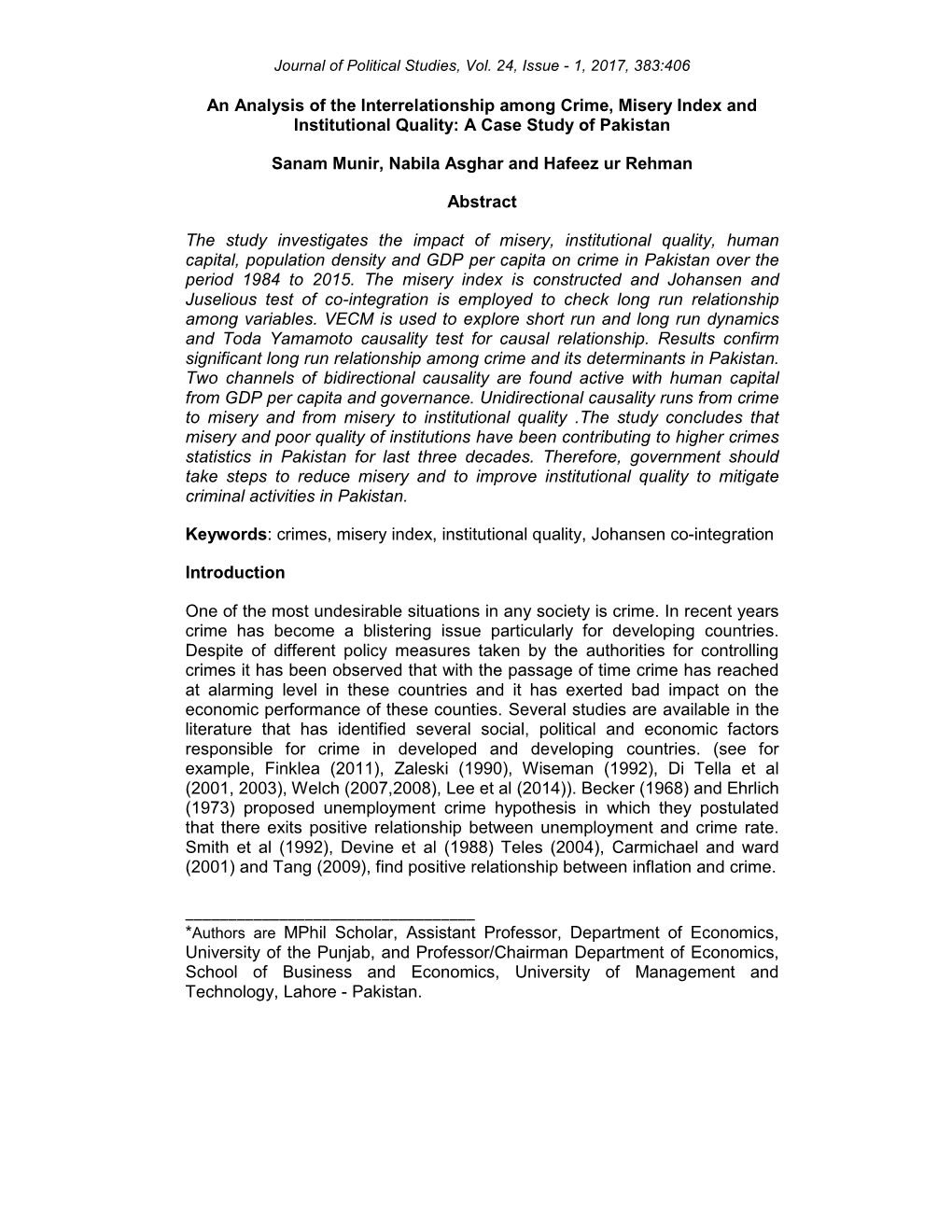 An Analysis of the Interrelationship Among Crime, Misery Index and Institutional Quality: a Case Study of Pakistan