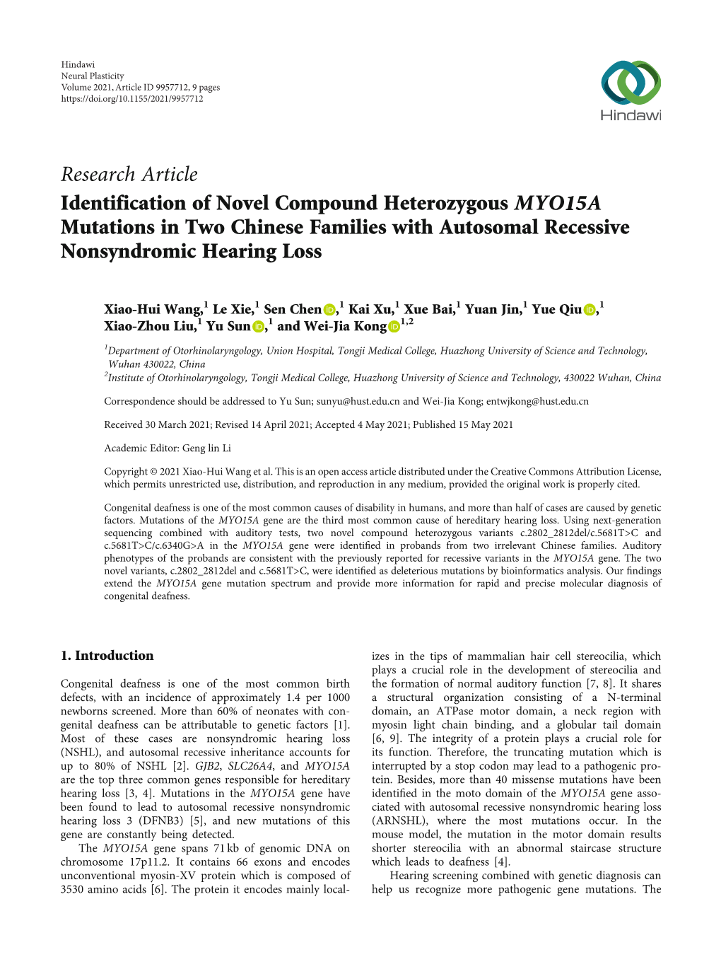 Identification of Novel Compound Heterozygous MYO15A Mutations in Two Chinese Families with Autosomal Recessive Nonsyndromic Hearing Loss