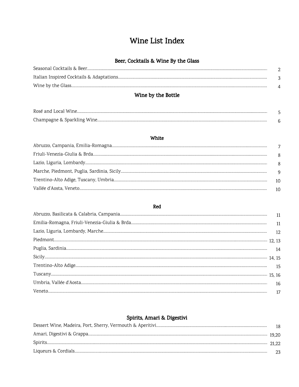 Wine List Index
