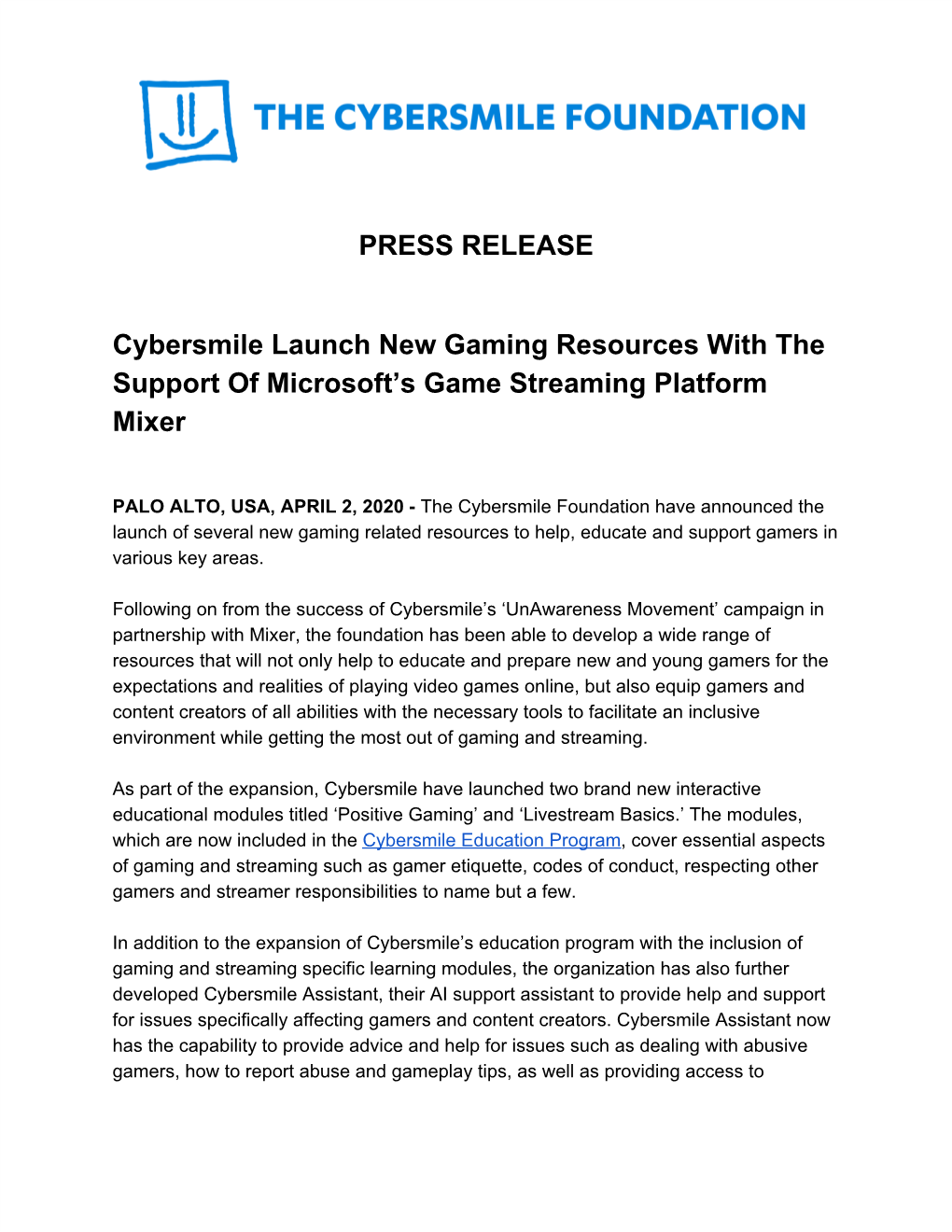 PRESS RELEASE Cybersmile Launch New Gaming Resources with The