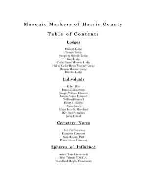 Masonic Markers of Harris County Table of Contents