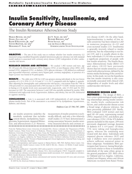 Insulin Sensitivity, Insulinemia, and Coronary Artery Disease the Insulin Resistance Atherosclerosis Study