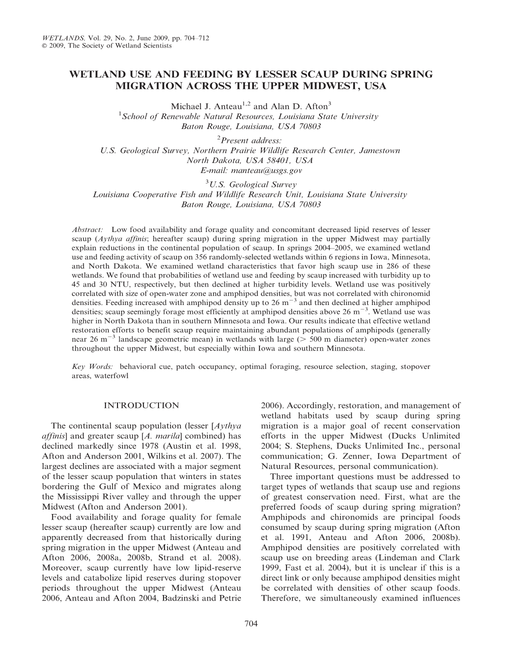 Wetland Use and Feeding by Lesser Scaup During Spring Migration Across the Upper Midwest, Usa