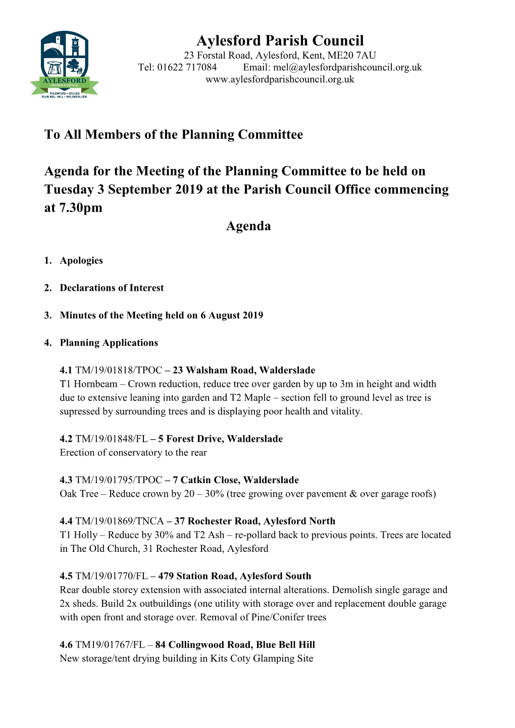 3 September 2019 at the Parish Council Office Commencing at 7.30Pm Agenda