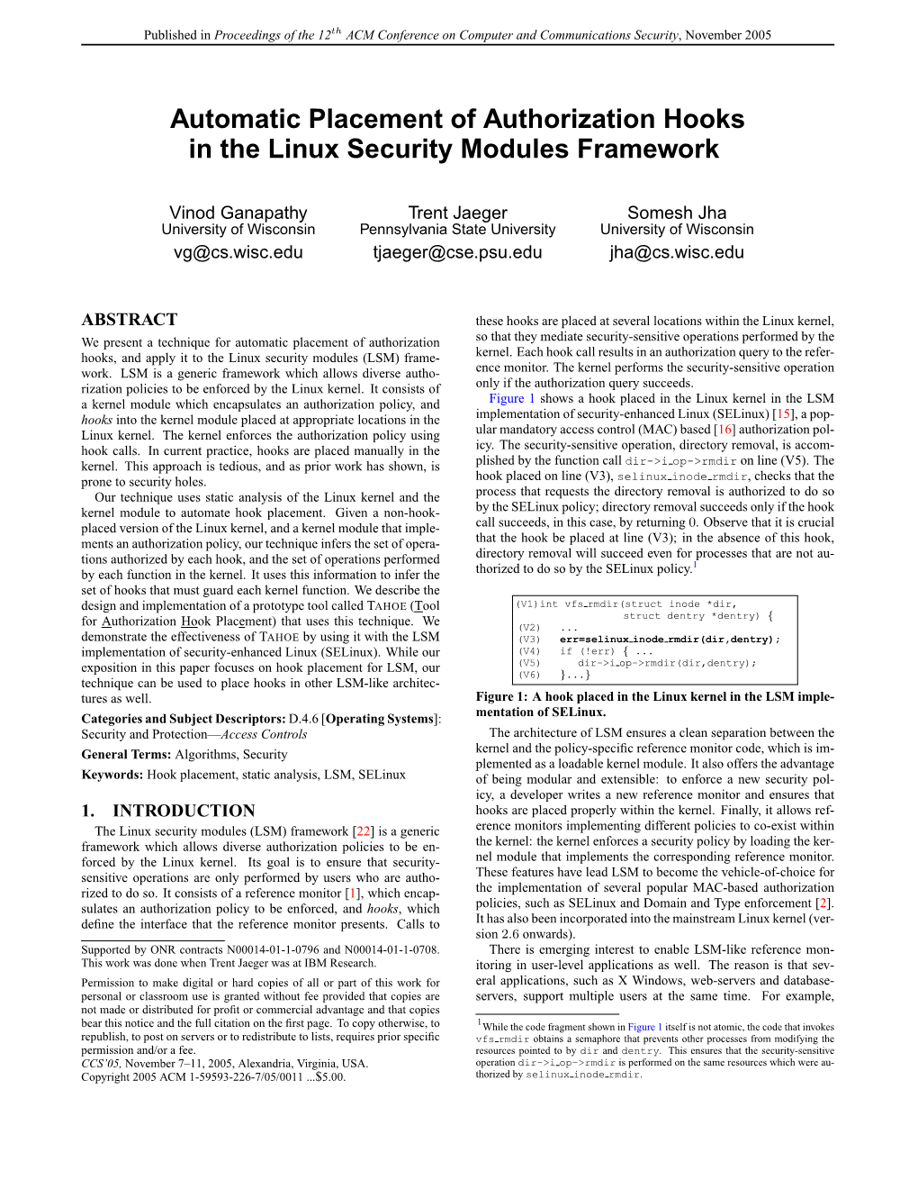 Automatic Placement of Authorization Hooks in the Linux Security Modules Framework