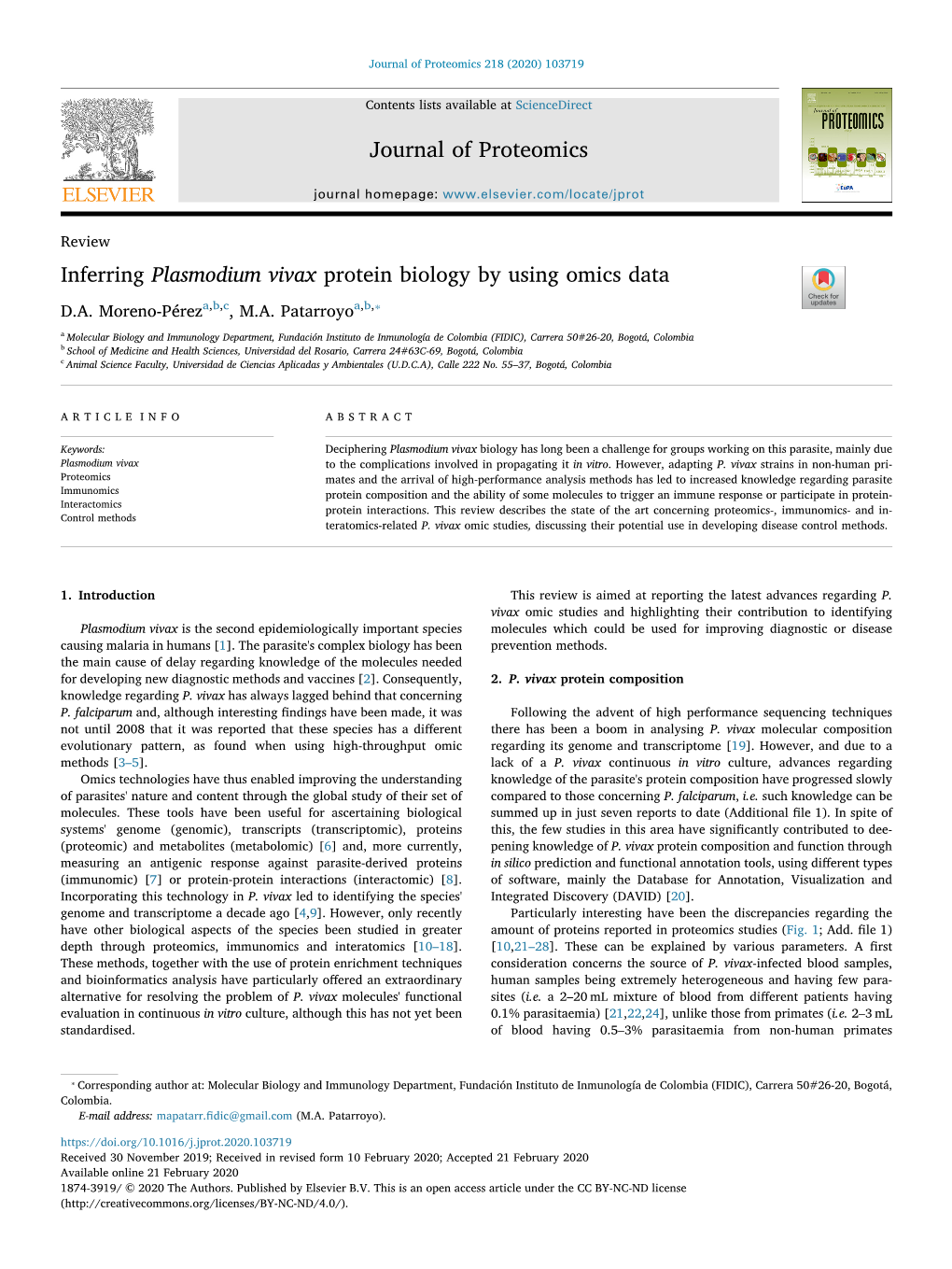 Inferring Plasmodium Vivax Protein Biology by Using Omics Data T ⁎ D.A