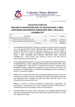 Invitation to Bid for Drilling of Exploratory Well at Asiacon Phase 1, Brgy