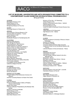 LIST of MUSEUMS, UNIVERSITIES and ARTS ORGANIZATIONS COMMITTED to a CONTEMPORARY GLASS EXHIBITION OR EDUCATIONAL PROGRAM in 2012 167 As of 7/11/12