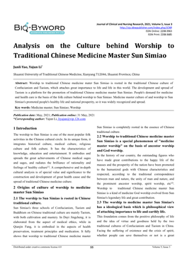 Analysis on the Culture Behind Worship to Traditional Chinese Medicine Master Sun Simiao